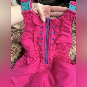 VTG 80s 90s Hot Pink Snow Overalls w/ Purple Hearts zipper & ruffles • 2T